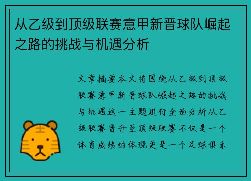 从乙级到顶级联赛意甲新晋球队崛起之路的挑战与机遇分析