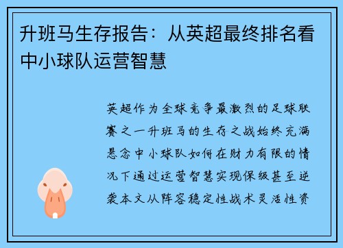 升班马生存报告：从英超最终排名看中小球队运营智慧